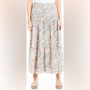 🆕 Max Studio Pink/Teal Swinging Floral Vine Button Front Tiered Midi Skirt 🌺🌸